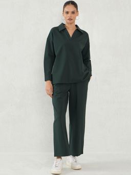 Femmella - Bottle Green Travel Top with Straight Pant Co-Ord (Set of 2)