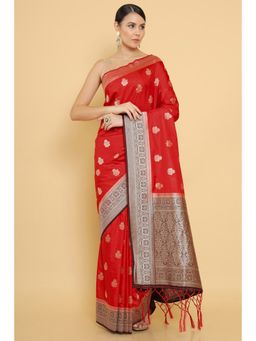 Soch - Red Tussar Silk Saree and Woven Zari Designs with Unstitched Blouse