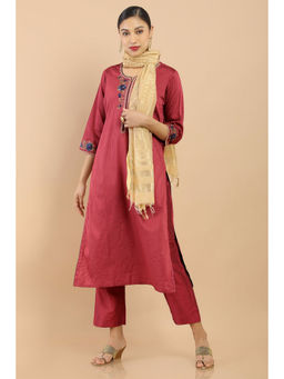 Soch - Maroon Chanderi Embroidered Suit Set (set Of 3)