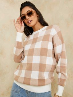 Styli - Beige Checked Regular Length Boxy Fit Sweater