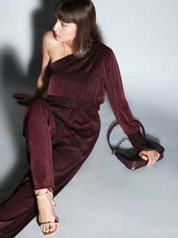 VERO MODA - Wine Red Shimmer One-shoulder Jumpsuit (Set of 2)