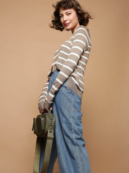 VERO MODA - Brown Striped Flat Knit Pullover