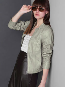 VERO MODA - Green Faux Leather Biker Jacket