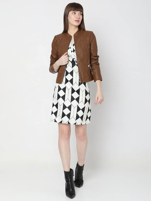Buy VERO MODA Dark Brown Faux Leather Biker Jacket Online