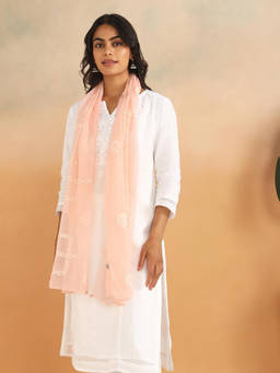 Fabindia - Pink Cotton Silk Blend Chikankari Stole