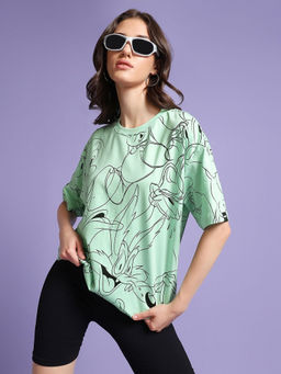 Bewakoof - Official Looney Tunes Women's Green All Over Printed Oversized T-shirt