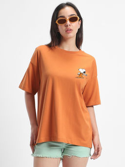 Bewakoof - Official Peanuts Women's Orange Need Space Snoopy Graphic Printed Oversized T-shirt