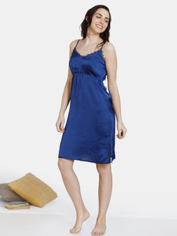Zivame - Artsy Leaves Woven Knee Length Nightdress - Medieval Blue