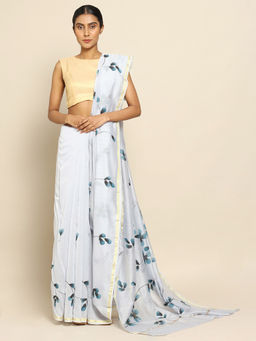 CHOWDHRAIN - Blue Petals Handpainted Chanderi Saree with Unstitched Blouse Piece