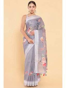 Soch - Women Grey Linen Printed Saree with Stitched Blouse