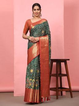 Silk Land - Green Women Banarasi Soft Silk Woven Bandhani Printed Saree with Unstitched Blouse