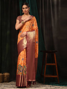 Silk Land - Orange Women Banarasi Soft Silk Woven Bandhani Printed Saree with Unstitched Blouse