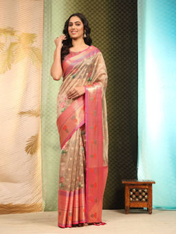 Silk Land - Beige Woven Design Banarasi Art Silk Floral Printed Saree with Unstitched Blouse