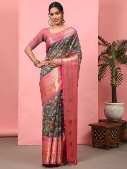 Silk Land - Grey Woven Design Banarasi Art Silk Floral Printed Saree with Unstitched Blouse
