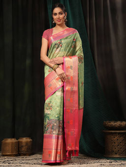 Silk Land - Green Woven Design Banarasi Art Silk Floral Printed Saree with Unstitched Blouse