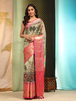 Silk Land - Green Woven Design Banarasi Art Silk Floral Printed Saree with Unstitched Blouse