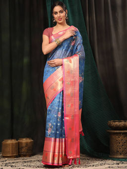 Silk Land - Blue Woven Design Banarasi Art Silk Floral Printed Saree with Unstitched Blouse