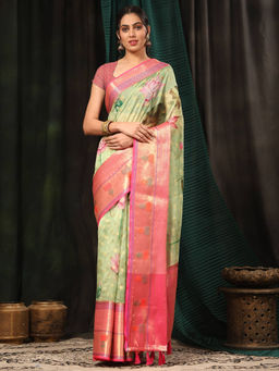 Silk Land - Green Woven Design Banarasi Art Silk Floral Printed Saree with Unstitched Blouse