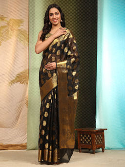 Silk Land - Black Banarasi Silk Zari Paisley Woven Saree with Unstitched Blouse