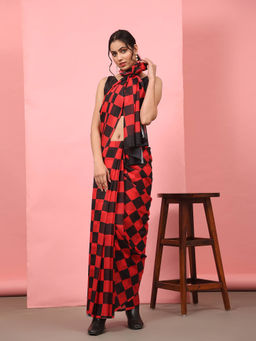 Silk Land - Red Soft Silk Bollywood Digital Stripes Print Saree with Unstitched Blouse