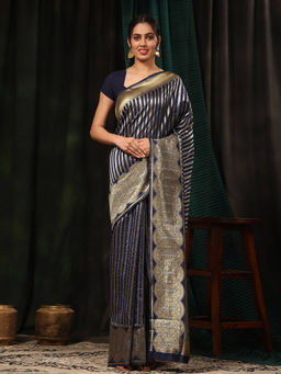 Silk Land - Navy Blue Women Banarasi Art Silk Striped Zari Woven Saree with Unstitched Blouse