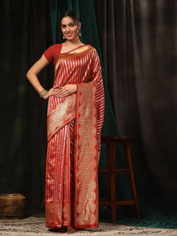 Silk Land - Red Women Banarasi Art Silk Striped Zari Woven Saree with Unstitched Blouse