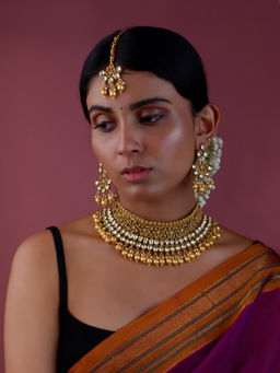 Fida - Wedding Handmade Bridal Wedding Gold -Plated White Pearl Choker Necklace Jewellery Set