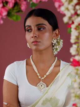 Fida - Ethnic Indian Traditional Gold Plated White Beaded Layered Necklace Earrings Jewellery Set For Women