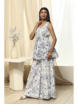 Biba - Off White and Blue Cotton Floral Printed Co-Ord (Set of 2)