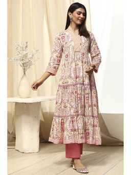 Biba - Pink Cotton Floral Printed Flared Kurta with Pant (Set of 2)