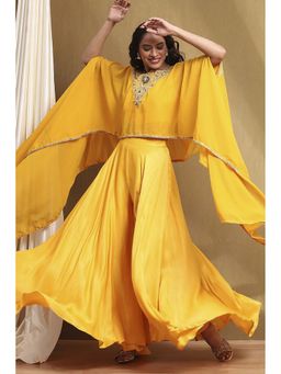 Biba - Yellow Embroidered Cape with Crop Top and Palazzo (Set of 3)