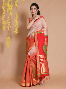 CHARUKRITI - Beige & Red Cotton Peacock & Floral Designs Handwoven Saree with Unstitched Blouse