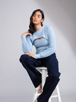 Twenty Dresses by Nykaa Fashion - Blue Solid Strappy Top Full Sleeves Crop Jacket Set of 2