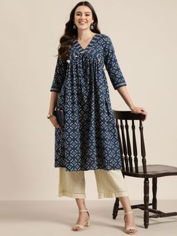 Gahan - Cotton V Neck Abstract Printed A-Line Navy Blue Kurta