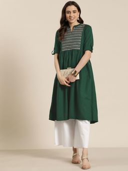 Gahan - Cotton Geometric Yoke Mandarin Collar A-Line Green Kurta