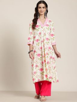Gahan - Rayon V Neck Floral Printed A-Line Off White Kurta