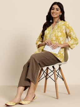 Gahan - Pure Cotton Mirror Work Yellow Floral Printed Tunic