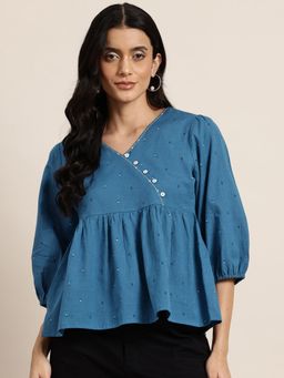 Gahan - Pure Cotton Blue Geometric Print Kantha Work Tunic