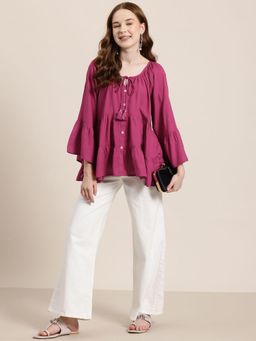 Gahan - Rayon Purple Tie Up Neck Bell Sleeves Tunic