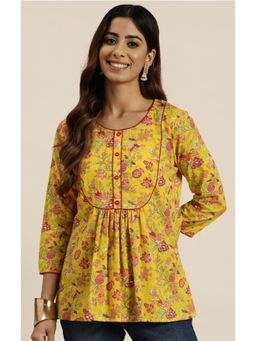 Gahan - Pure Cotton Floral Printed Yellow A-Line Tunic