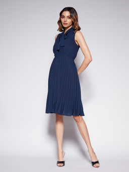 Twenty Dresses by Nykaa Fashion - Work Navy Blue Self Textured A Line Knee Length Dress