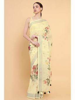 Soch - Women Yellow Linen Printed Saree with Stitched Blouse