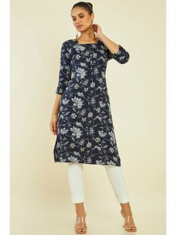 Soch - Women Navy Blue Rayon Printed Kurta
