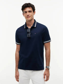 Tommy Hilfiger - Men Navy Blue Solid/Plain Cotton Polo T-Shirt