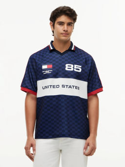 Tommy Hilfiger - Men Navy Blue Printed Polyester Polo T-Shirt