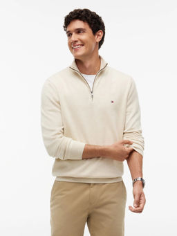 Tommy Hilfiger - Men Beige Solid/Plain Cotton Sweater