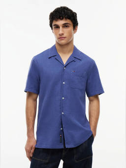 Tommy Hilfiger - Men Blue Solid/Plain Linen Shirt