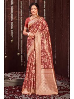 Sangam Prints - Maroon Organza Woven Zari Work Traditional Tassel Saree with Unstitched Blouse