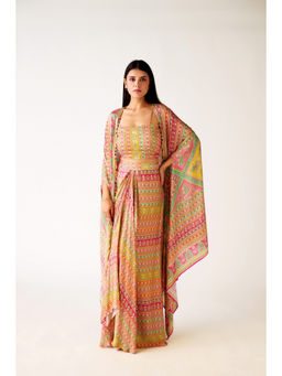 Basanti Kapde aur Koffee - Multicolor Satin Embroidered Cape with Blouse and Skirt (Set of 3)