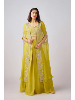 Basanti Kapde aur Koffee - Yellow Silk Embroidered Cape with Blouse and Lehenga (Set of 3)